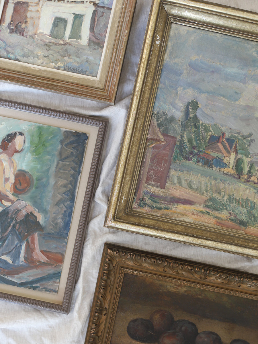 Vintage Finnish Oil Painting Landscape with Houses