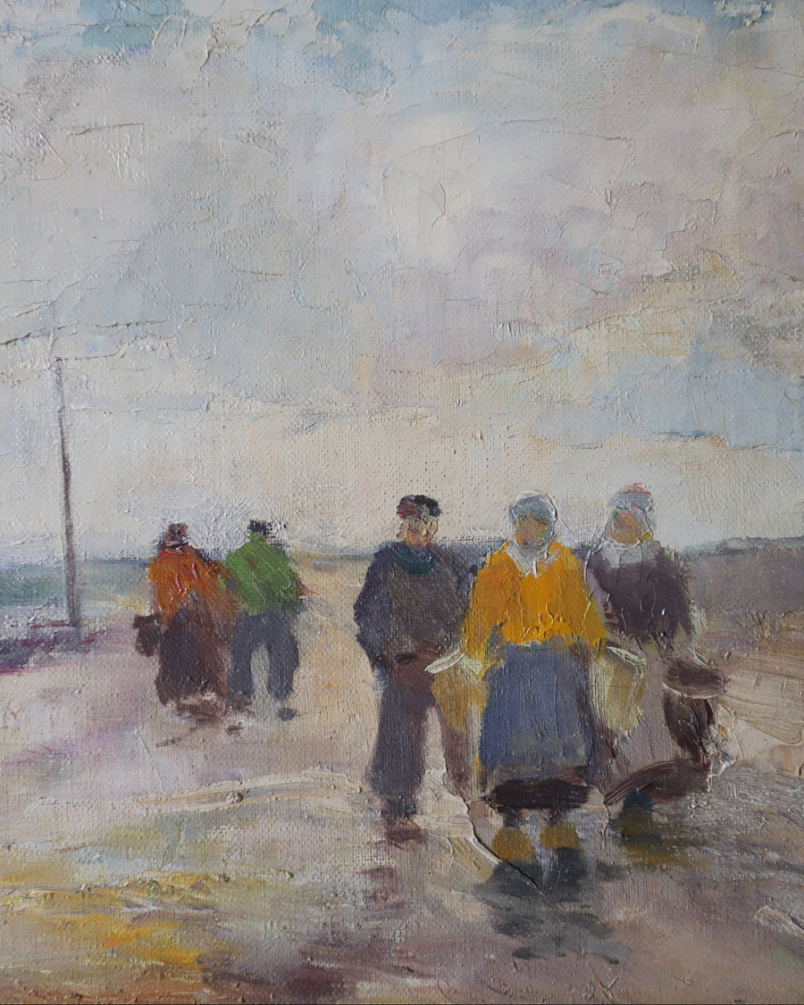 Antique Oil of Fishermen on the Shore