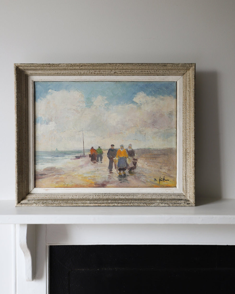 Antique Oil of Fishermen on the Shore