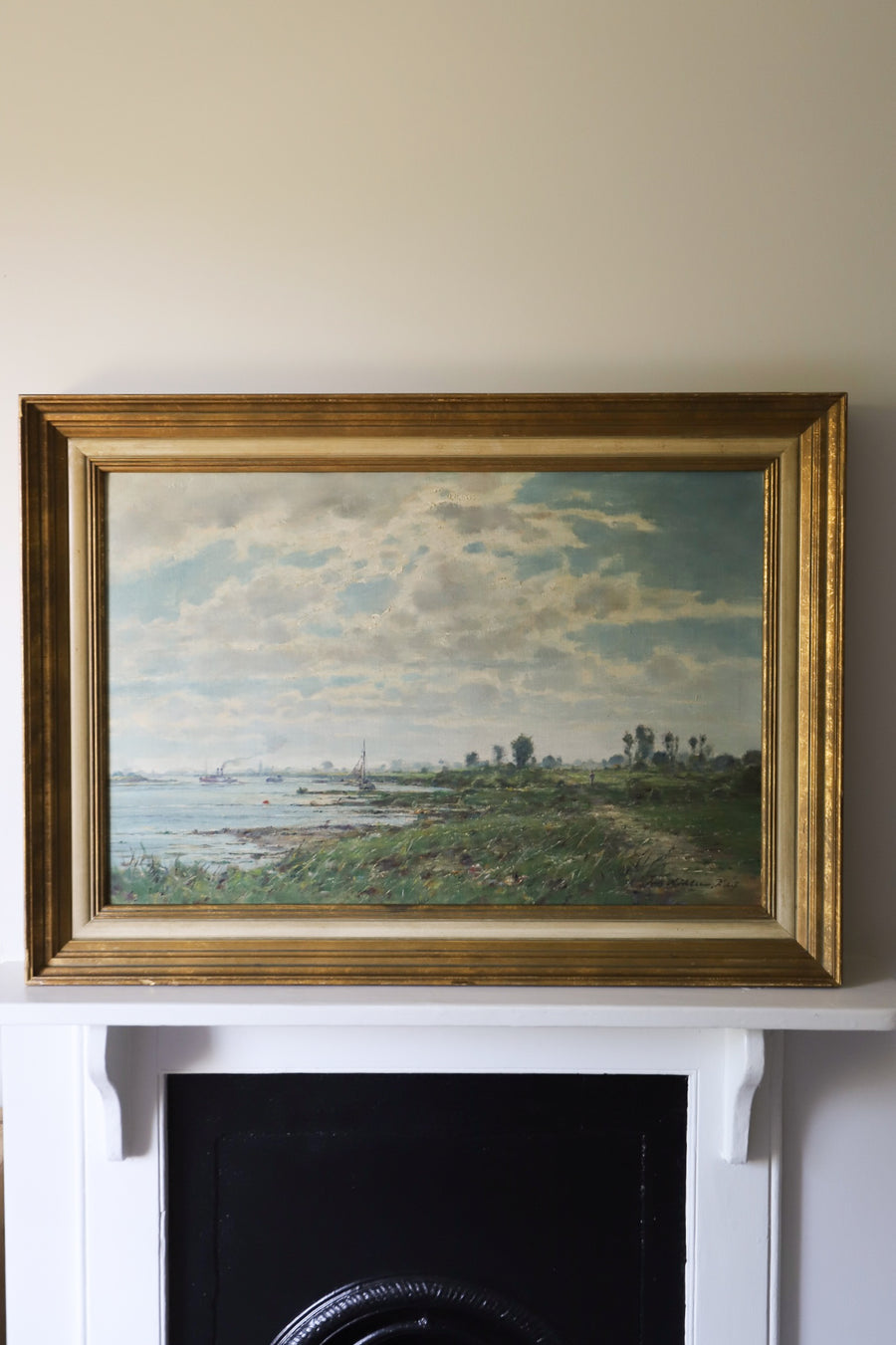Antique Large Oil Painting of a German Riverscape Scene