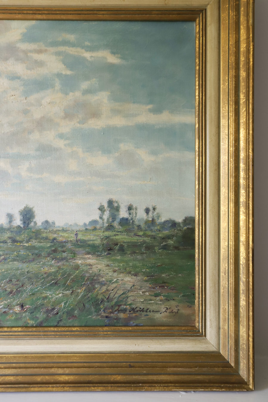 Antique Large Oil Painting of a German Riverscape Scene