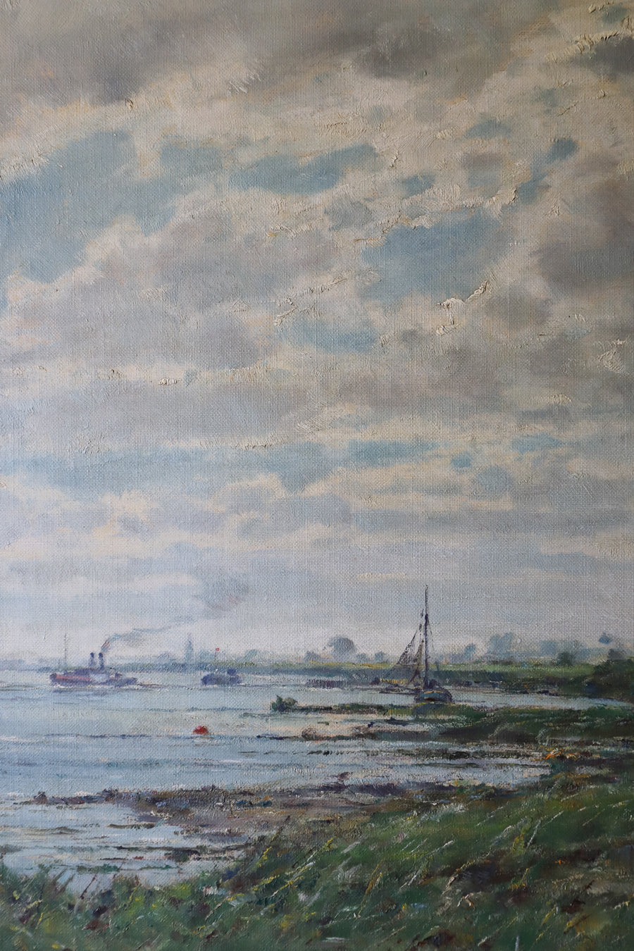 Antique Large Oil Painting of a German Riverscape Scene