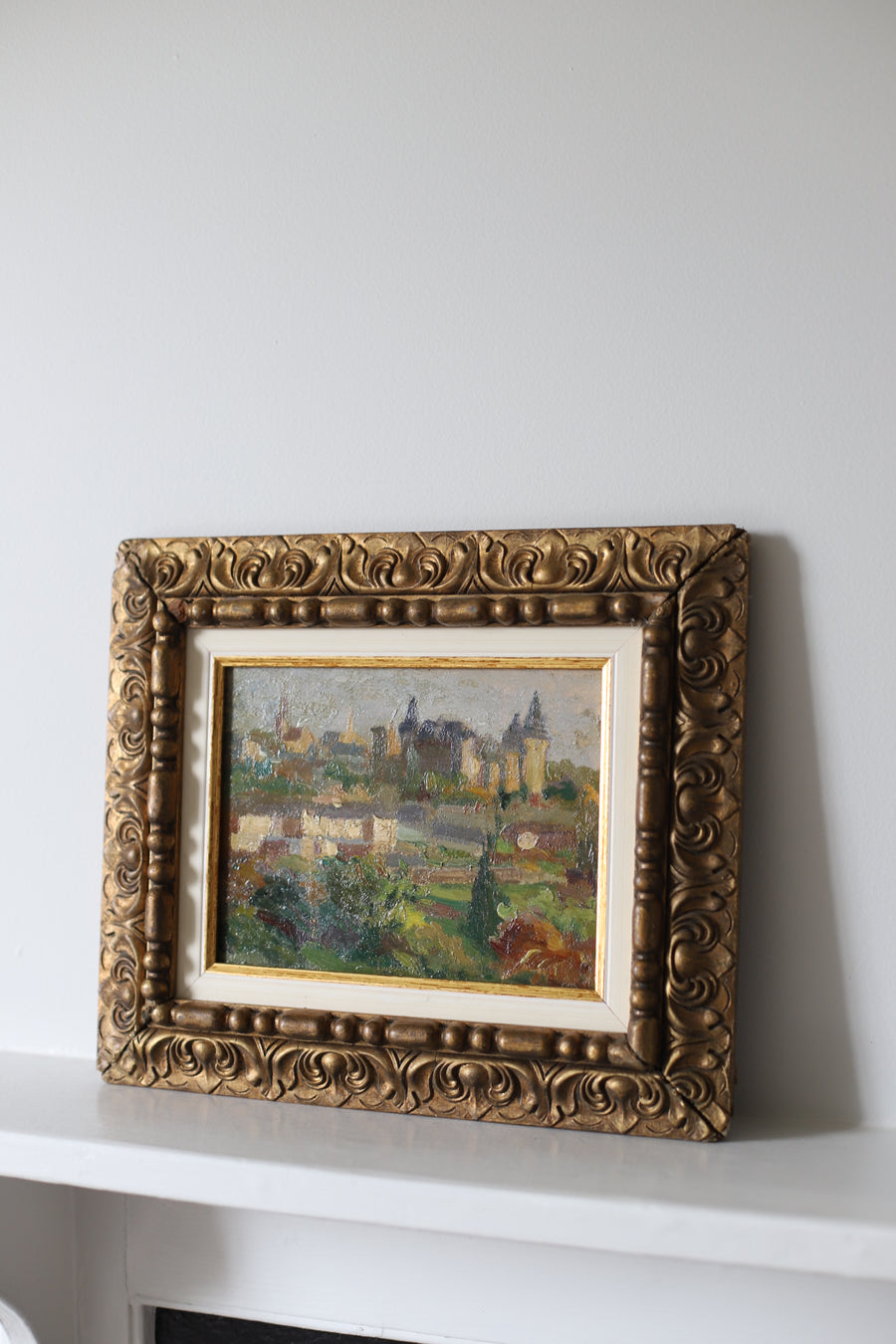French Village Scene Vintage Oil Painting